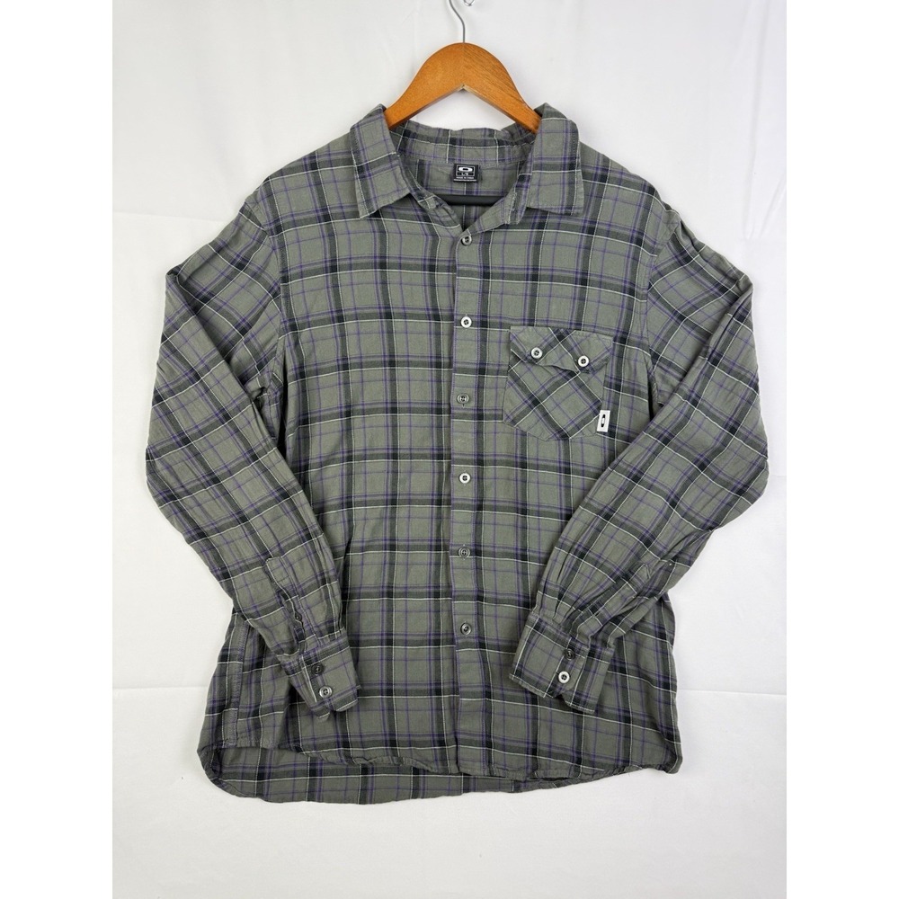 Oakley Mens Sz Lg Gray Purple Plaid Cotton Poly Blend Long Sleeve Button Shirt